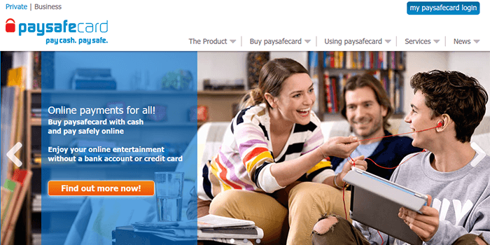 Screenshot of PaySafeCard home page