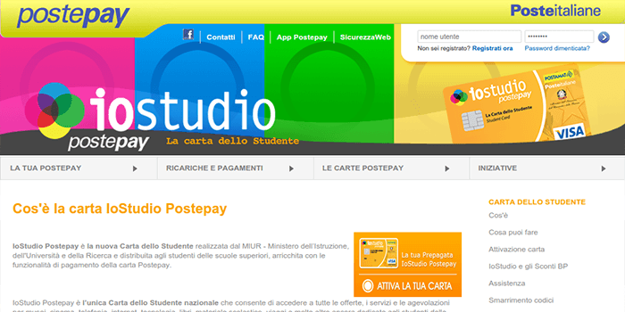 Screenshot of PostePay Card Information Page