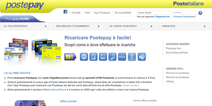 Screenshot of PostePay Recharge Page
