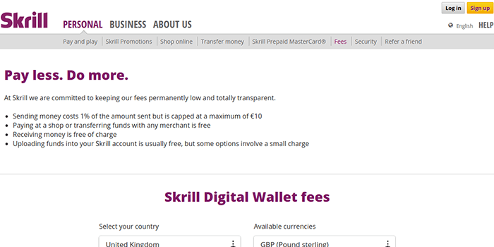 Screenshot of Skrill Fees and Taxes Page