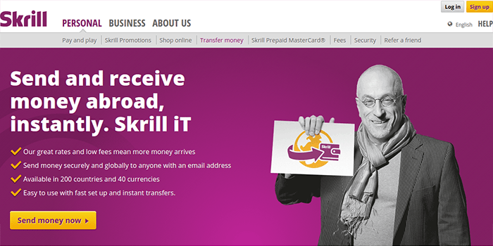 Screenshot of Skrill Money Transfer Page and Conditions