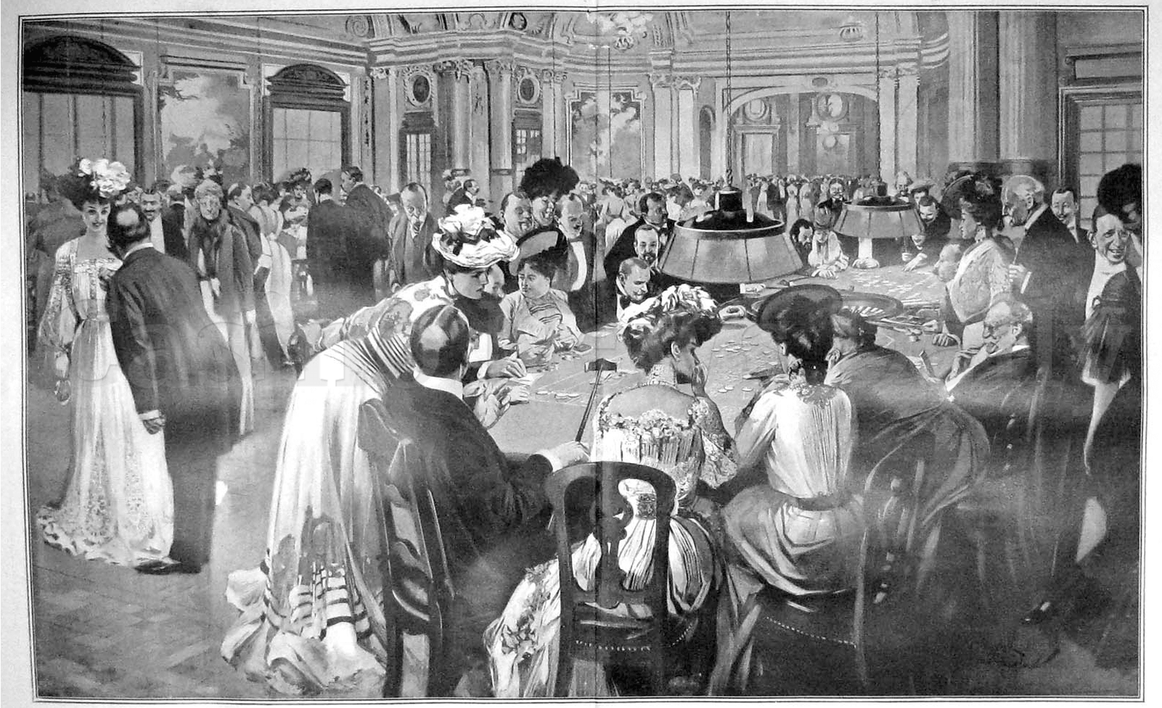 Black and white illustration of people playing roulette in old casino
