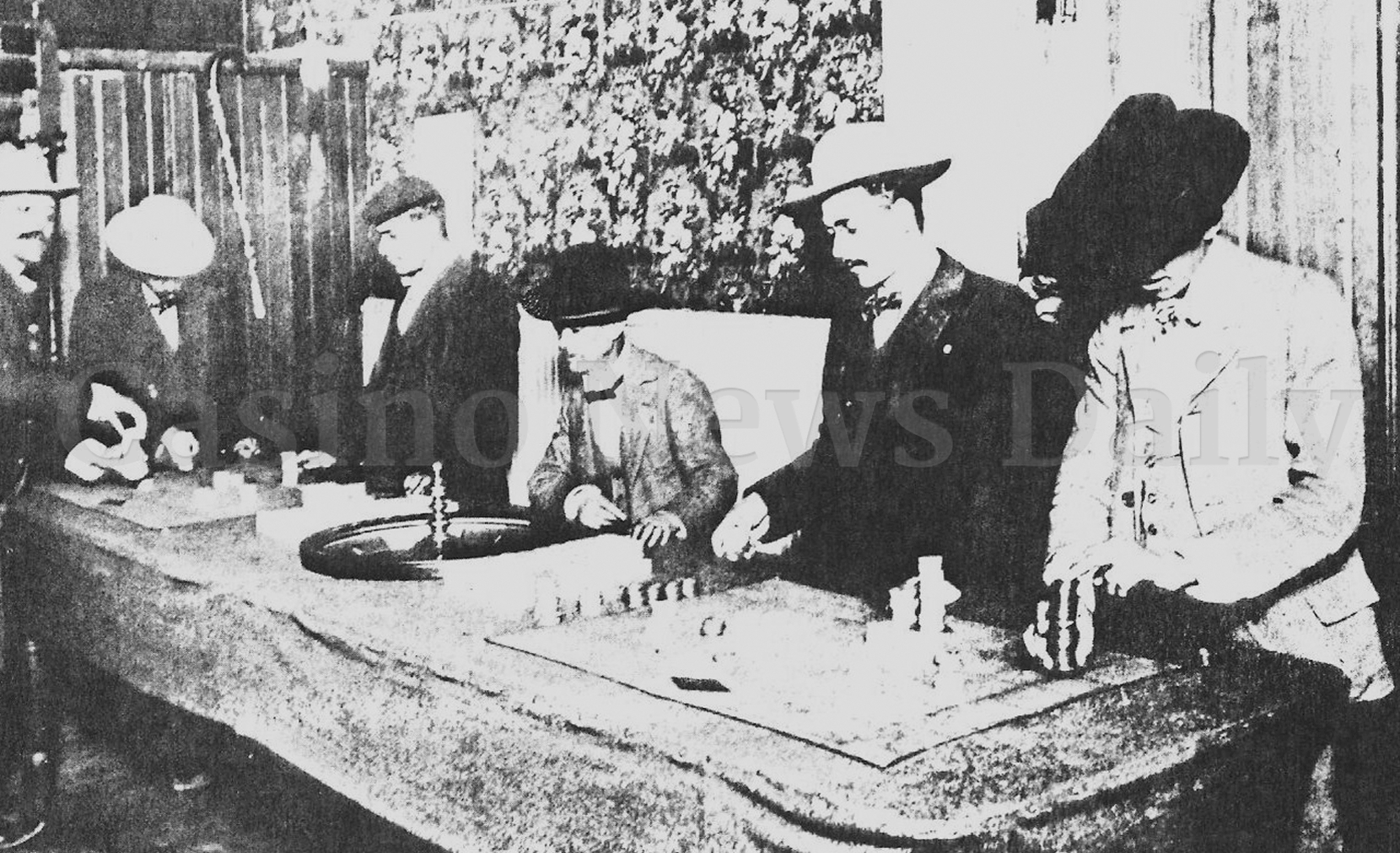 Black and white illustration of cowboys playing roulette in old american casino